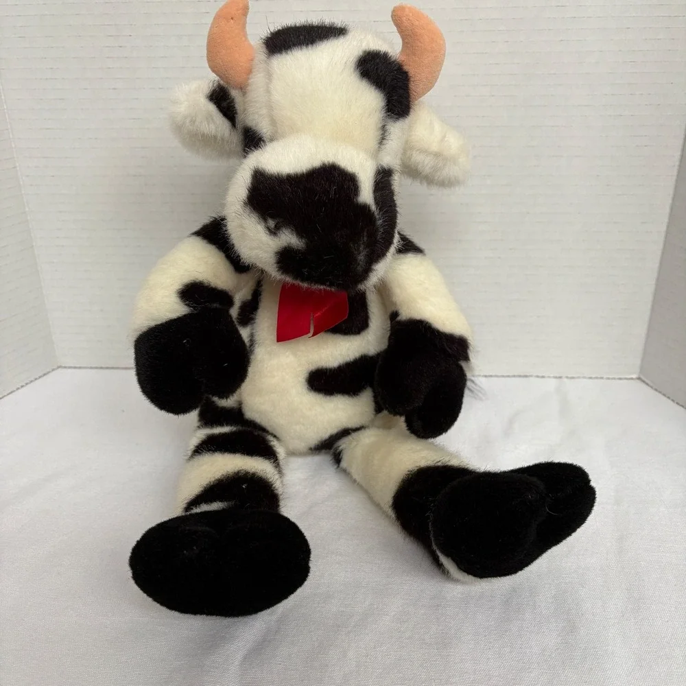 Manhattan Toy Plush Cow Stuffed Animal Horns Black White Farm Animal Toy 2000‎